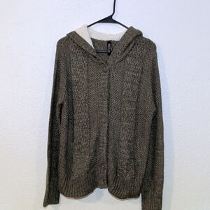 Cozy Brown/Green Knit Hooded XL Cardigan With Buttons